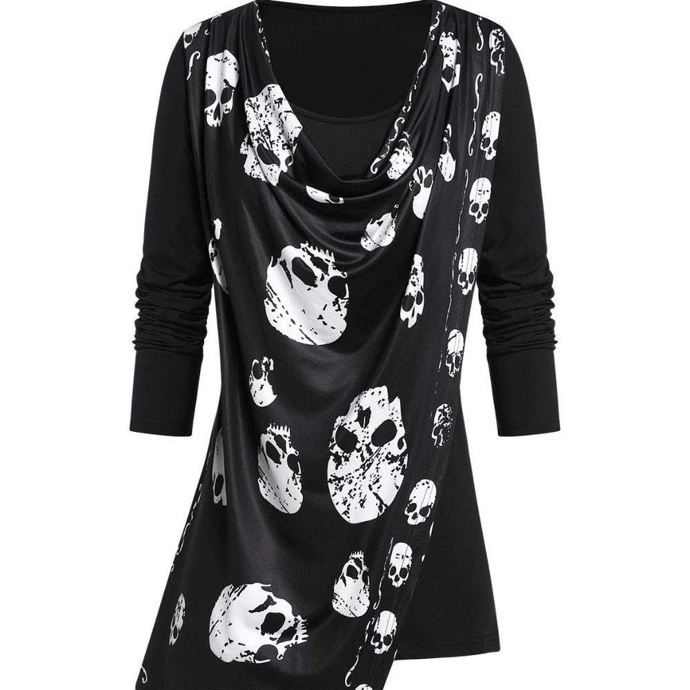 Plus Size Skull Print Cowl Collar Top